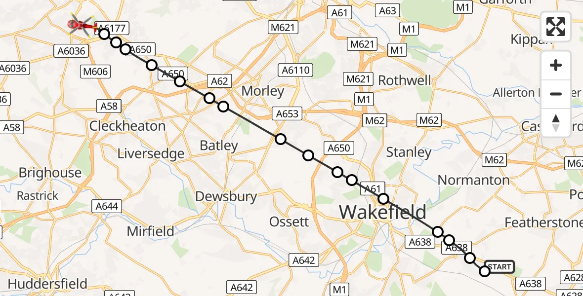 Flight route Air Ambulance Helicopter YAA Nostell Helicopter Port - West Bowling, 08 July 2026, 22:05