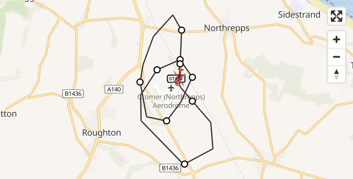 Flight route Air Ambulance Helicopter Northrepps Aerodrome - Northrepps Aerodrome, 08 July 2026, 22:12