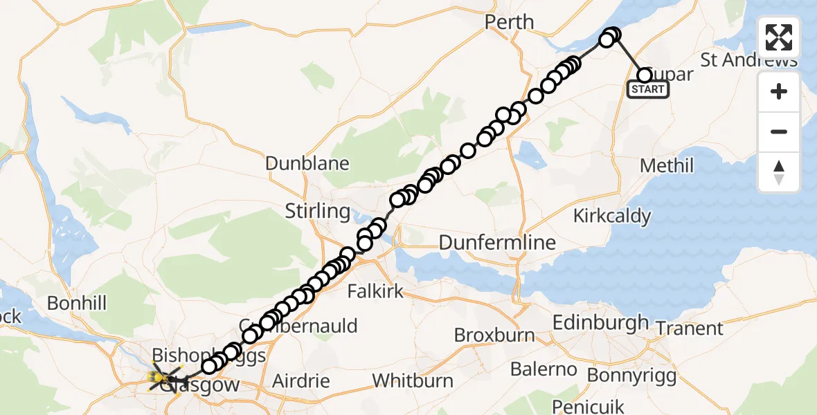 Flight route Police Helicopter Springfield - Glasgow, 08 July 2026, 22:20