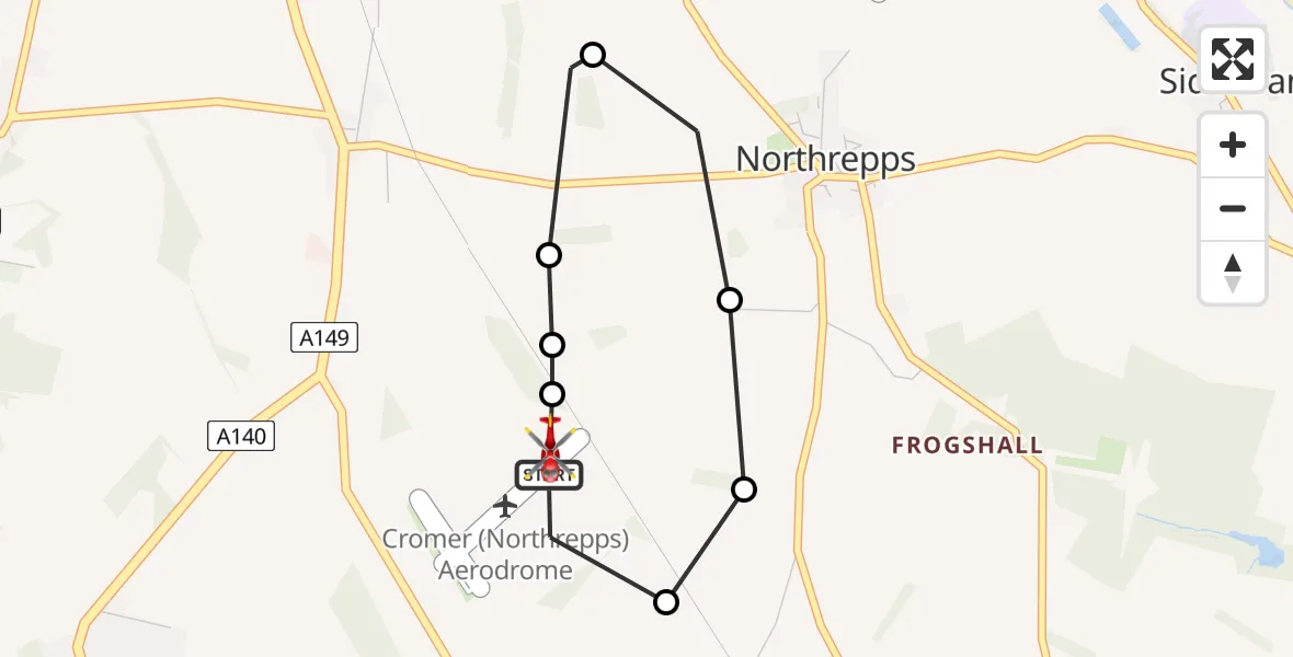 Flight route Air Ambulance Helicopter Northrepps Aerodrome - Northrepps Aerodrome, 08 July 2026, 22:21