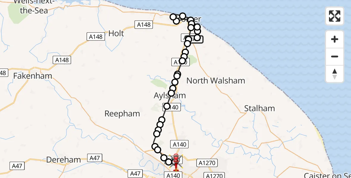Flight route Air Ambulance Helicopter Northrepps Aerodrome - Norwich Airport, 08 July 2026, 22:24