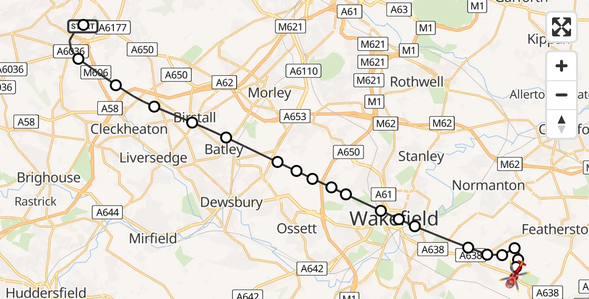 Flight route Air Ambulance Helicopter West Bowling - YAA Nostell Helicopter Port, 08 July 2026, 22:39