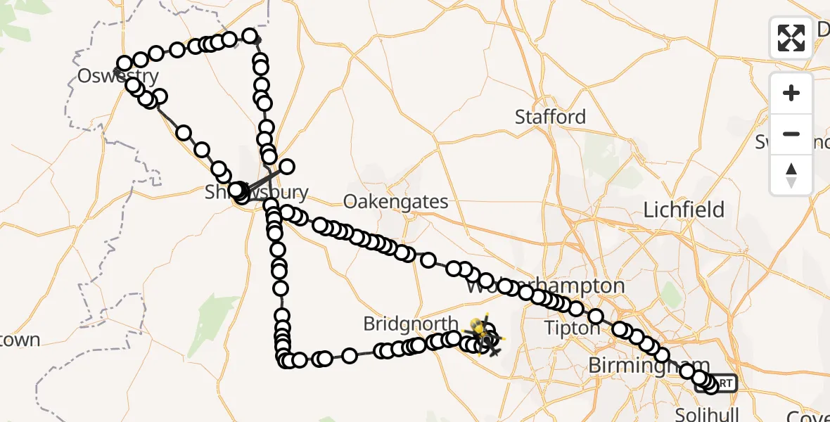 Flight route Police Helicopter Birmingham Airport - Wolverhampton Halfpenny Green Airport, 08 July 2026, 22:47