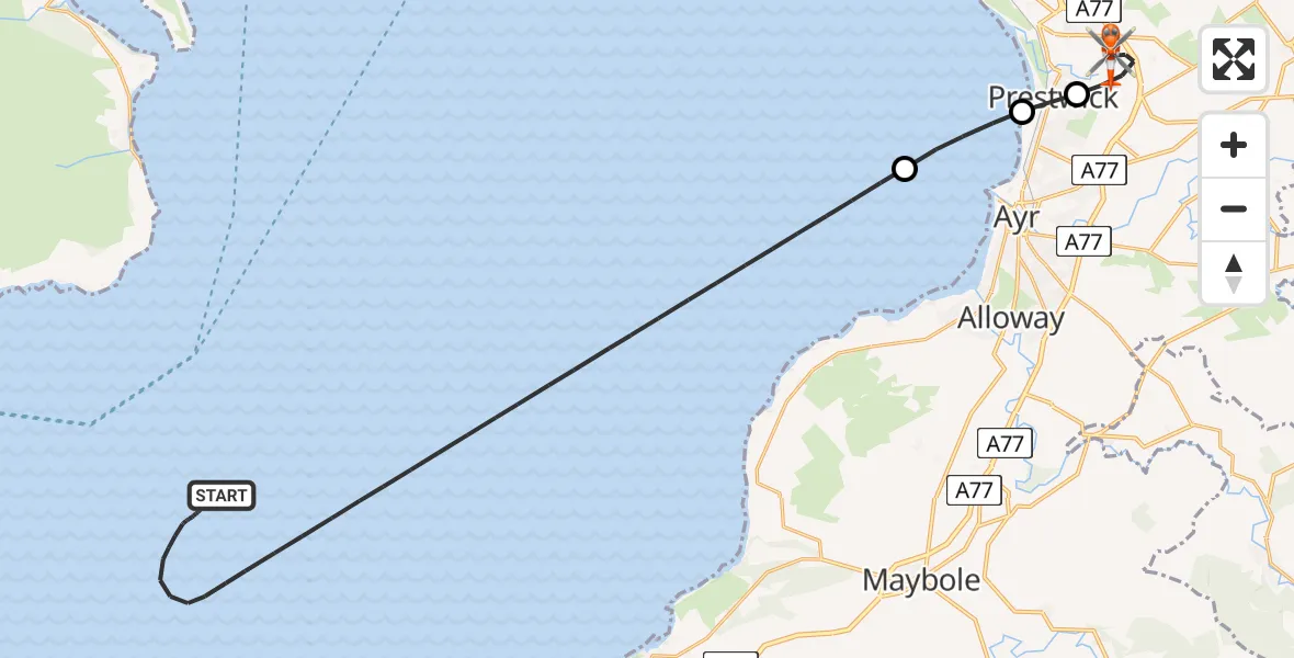Flight route Coastguard Helicopter Inner Seas - Glasgow Prestwick Airport, 08 July 2026, 22:48