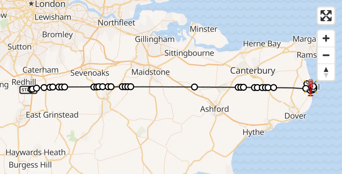 Flight route Air Ambulance Helicopter Redhill Aerodrome - Deal, 08 July 2026, 23:01