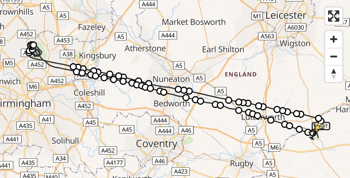 Flight route Police Helicopter Husbands Bosworth Airfield - Harborough, 08 July 2026, 23:10
