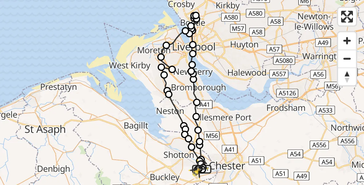 Flight route Police Helicopter Hawarden Airport - Hawarden Airport, 08 July 2026, 23:10