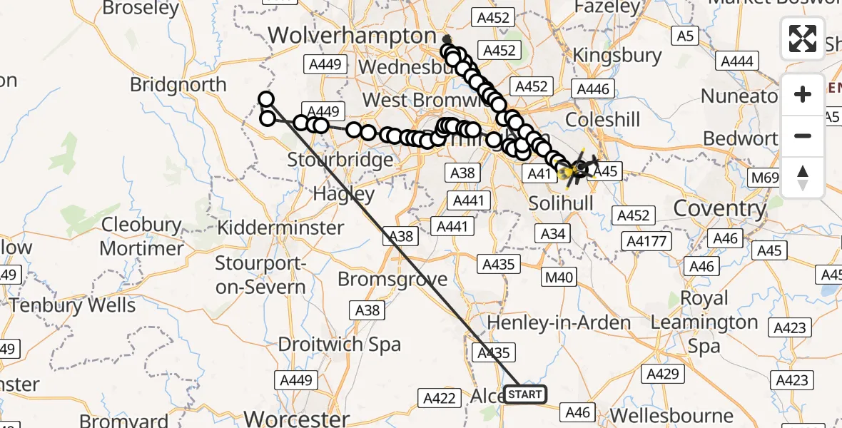Flight route Police Helicopter Haselor CP - Solihull, 09 July 2026, 00:53
