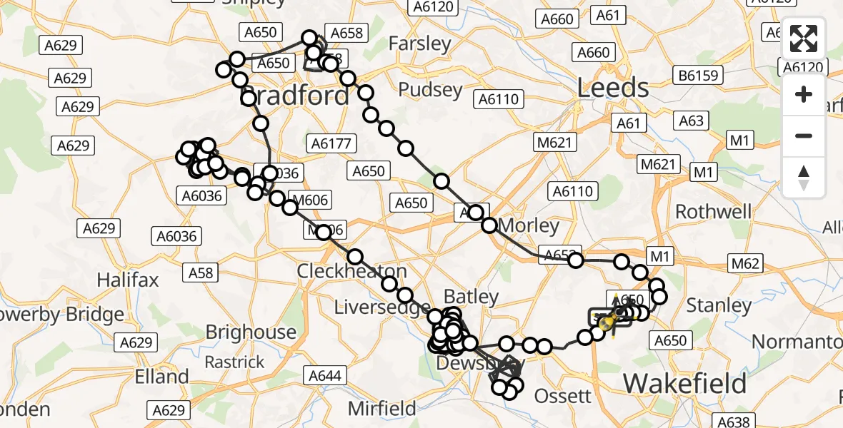Flight route Police Helicopter East Ardsley - East Ardsley, 09 July 2026, 01:08