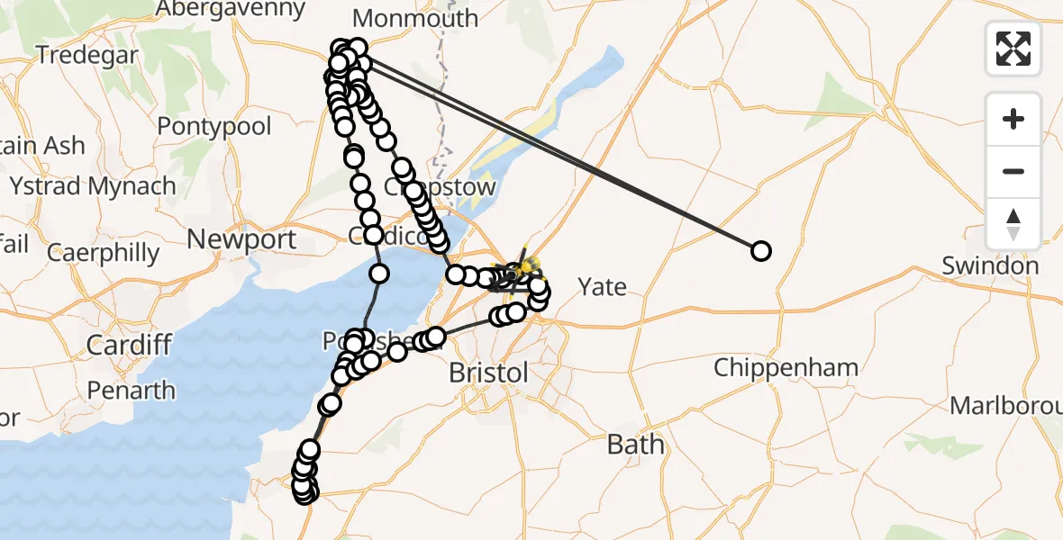 Flight route Police Helicopter Almondsbury Helicopter Base - Almondsbury Helicopter Base, 09 July 2026, 01:17