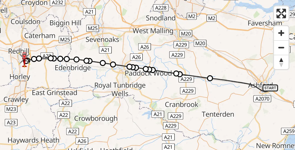 Flight route Air Ambulance Helicopter Ashford - Redhill Aerodrome, 09 July 2026, 01:33