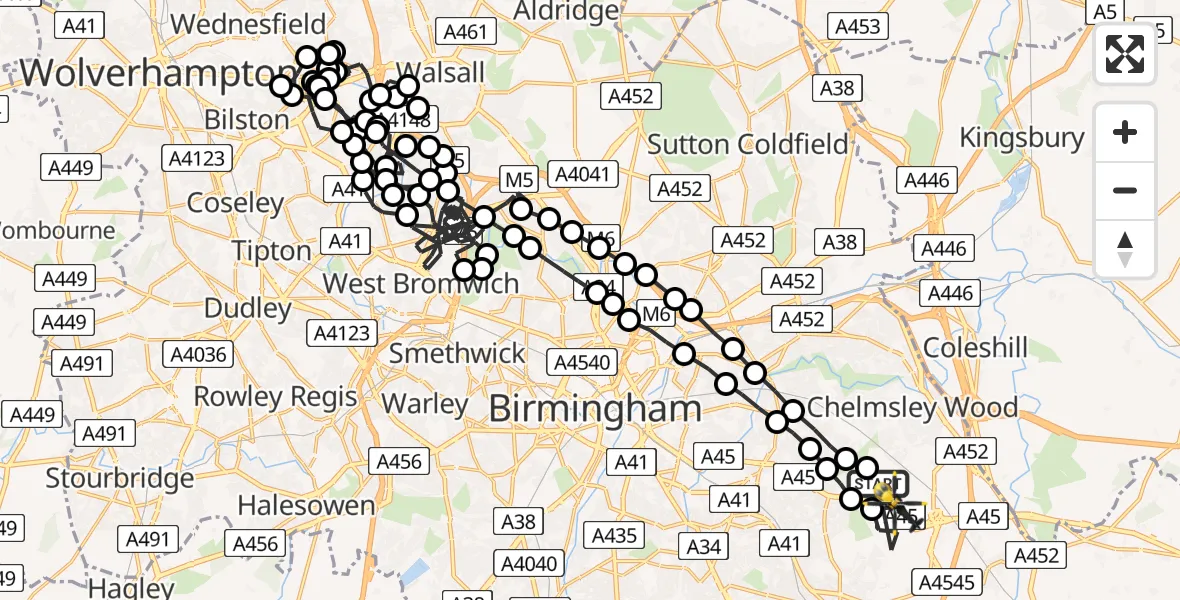 Flight route Police Helicopter Birmingham Airport - Solihull, 09 July 2026, 02:05