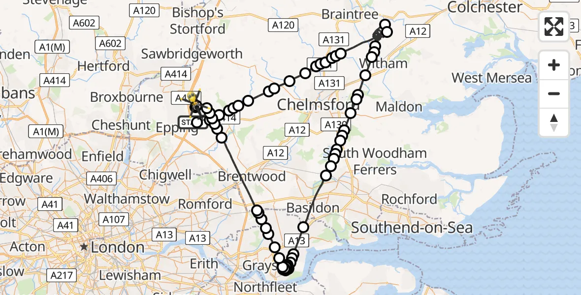 Flight route Police Helicopter Coopersale - North Weald Bassett, 09 July 2026, 02:45