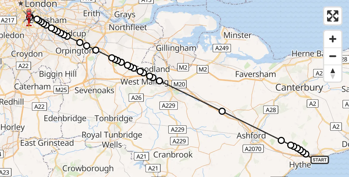 Flight route Air Ambulance Helicopter Folkestone - Kings College London Hospital, 09 July 2026, 04:07