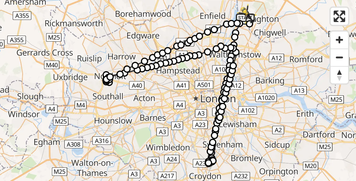 Flight route Police Helicopter Sewardstonebury - Metropolitan Police Air Support Unit Lippitts Hill, 09 July 2026, 04:39