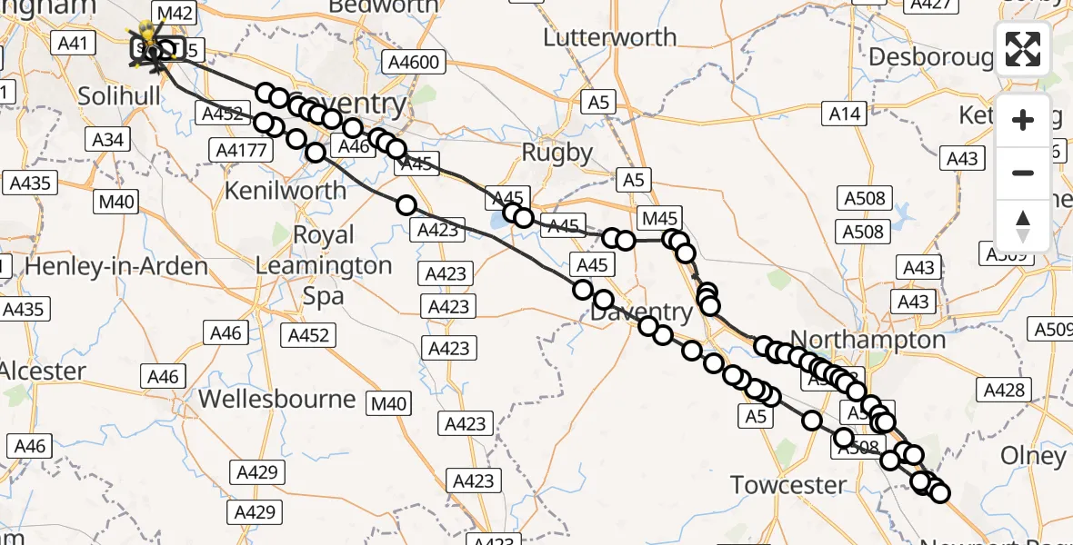 Flight route Police Helicopter Birmingham Airport - Birmingham Airport, 09 July 2026, 04:47