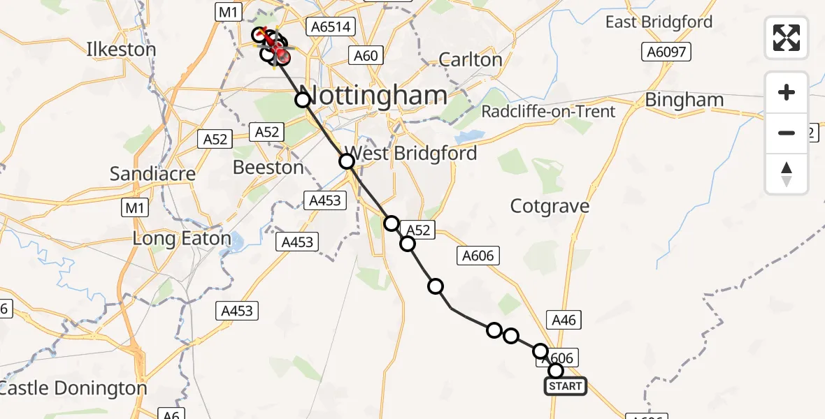 Flight route Air Ambulance Helicopter Nottingham Heliport - City of Nottingham, 09 July 2026, 06:20