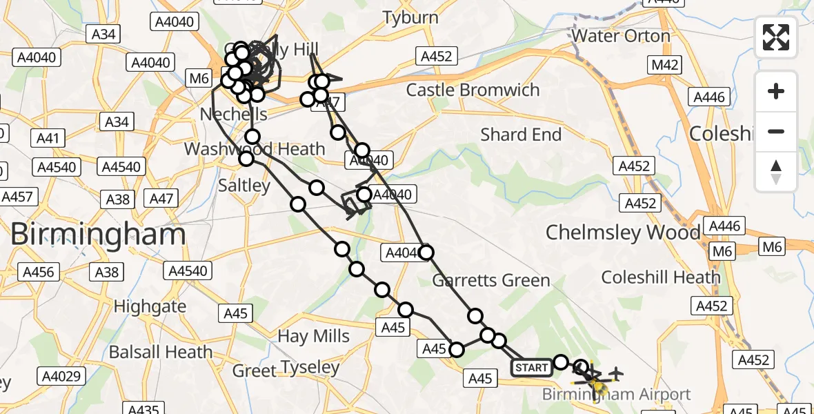 Flight route Police Helicopter Sheldon - Birmingham Airport, 09 July 2026, 06:32