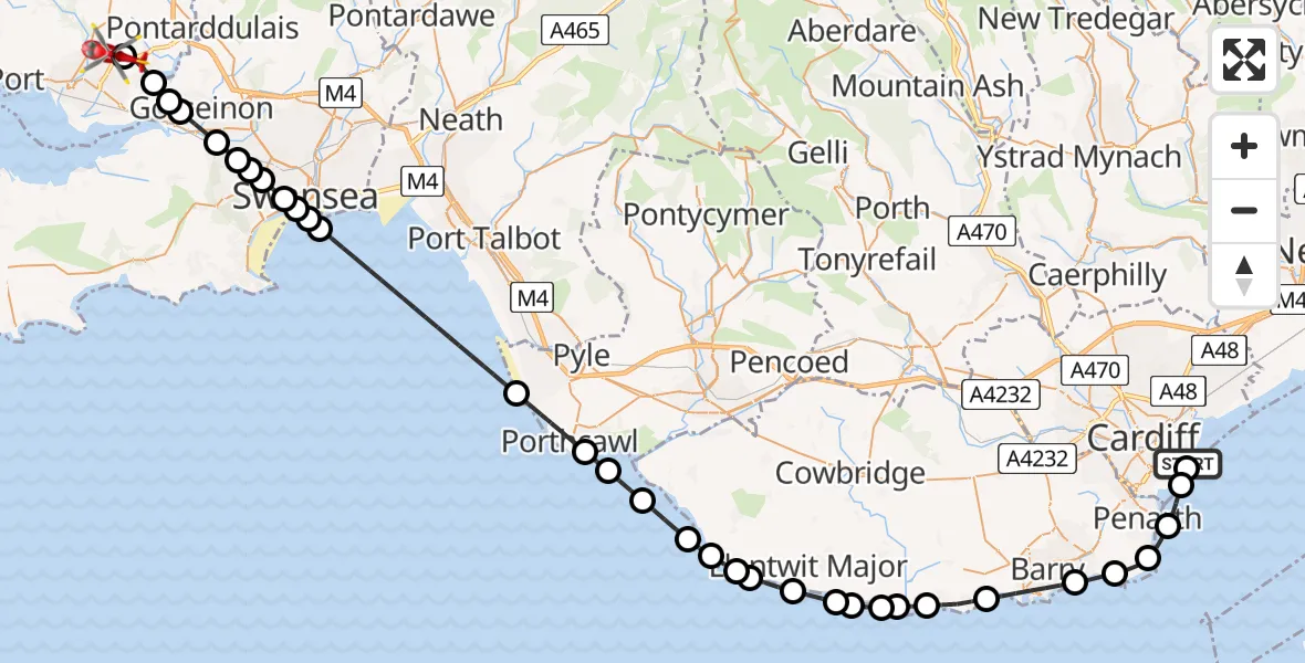 Flight route Air Ambulance Helicopter Cardiff Heliport - Dafen, 09 July 2026, 07:03