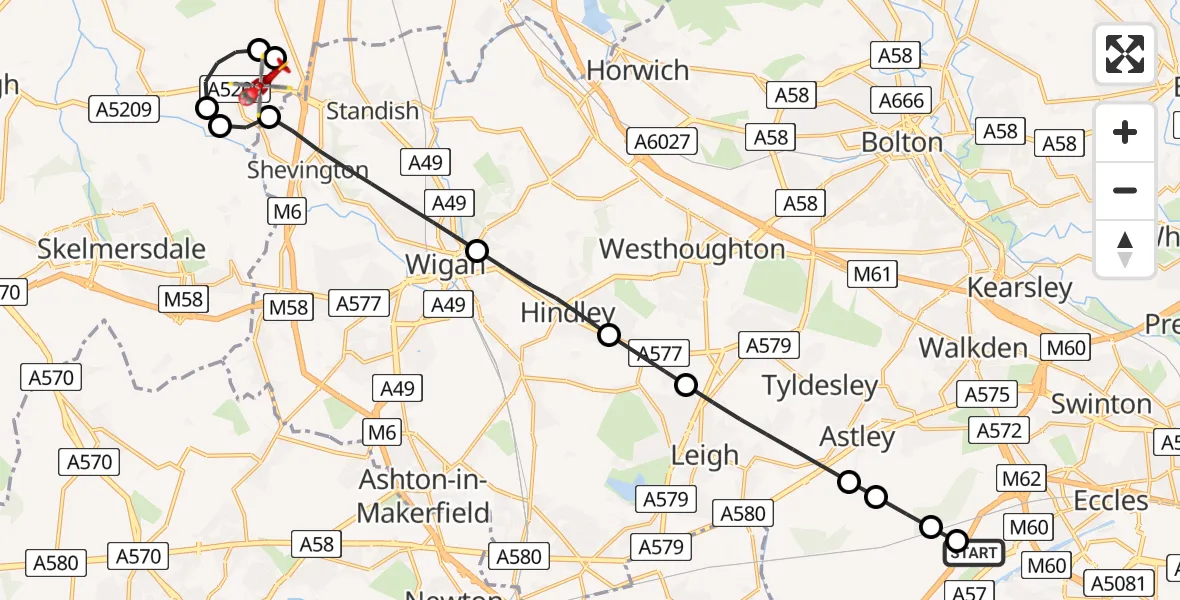 Flight route Air Ambulance Helicopter Manchester Barton Aerodrome - Wrightington, 09 July 2026, 07:26