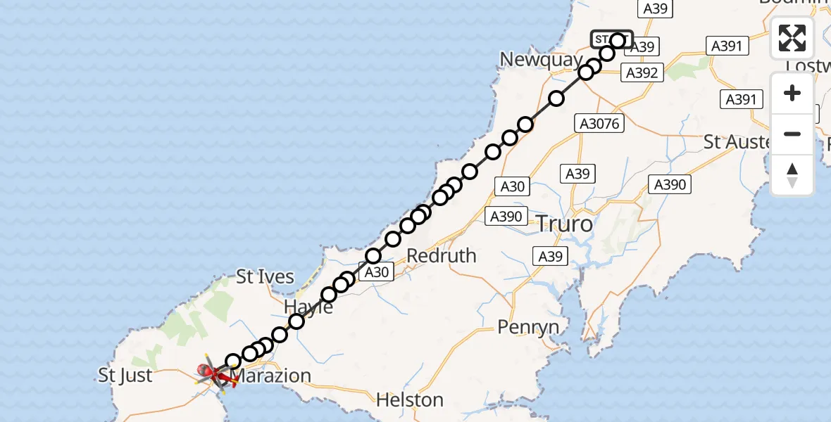 Flight route Air Ambulance Helicopter Cornwall Airport Newquay - Penzance, 09 July 2026, 07:27