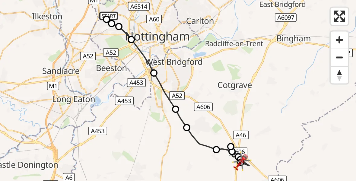 Flight route Air Ambulance Helicopter City of Nottingham - Nottingham Heliport, 09 July 2026, 07:34