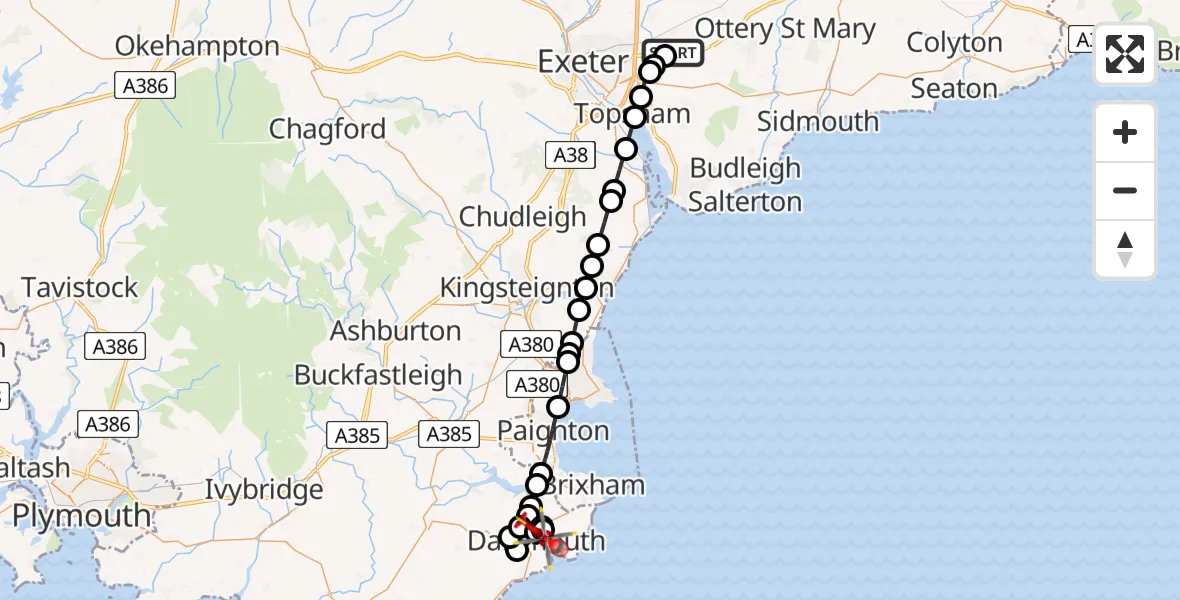 Flight route Air Ambulance Helicopter Exeter International Airport - Dartmouth, 09 July 2026, 07:40