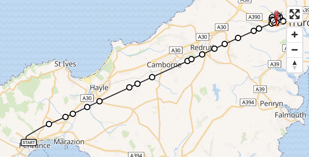 Flight route Air Ambulance Helicopter Penzance - Treliske Hospital, 09 July 2026, 08:03
