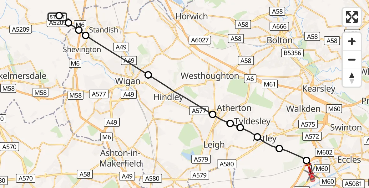 Flight route Air Ambulance Helicopter Appley Bridge - Manchester Barton Aerodrome, 09 July 2026, 08:15
