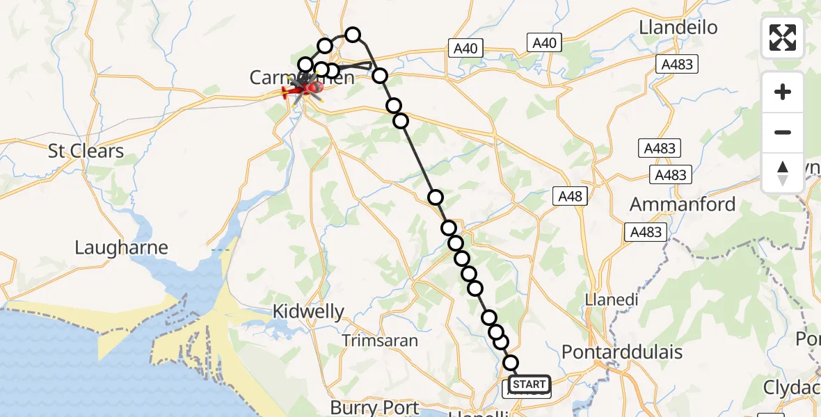 Flight route Air Ambulance Helicopter Dafen - Carmarthen, 09 July 2026, 08:18