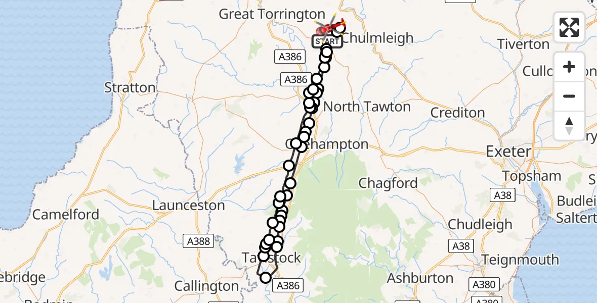 Flight route Air Ambulance Helicopter Riddlecombe - Burrington, 09 July 2026, 08:22