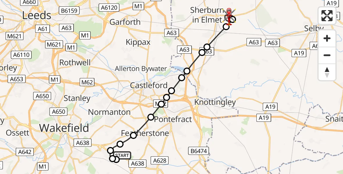 Flight route Air Ambulance Helicopter YAA Nostell Helicopter Port - Sherburn in Elmet, 09 July 2026, 08:30