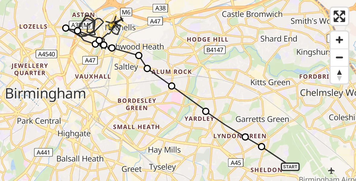 Flight route Police Helicopter Sheldon - Nechells, 09 July 2026, 08:48