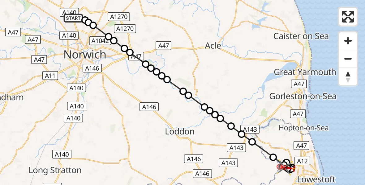 Flight route Air Ambulance Helicopter Norwich Airport - Blundeston, 09 July 2026, 08:52