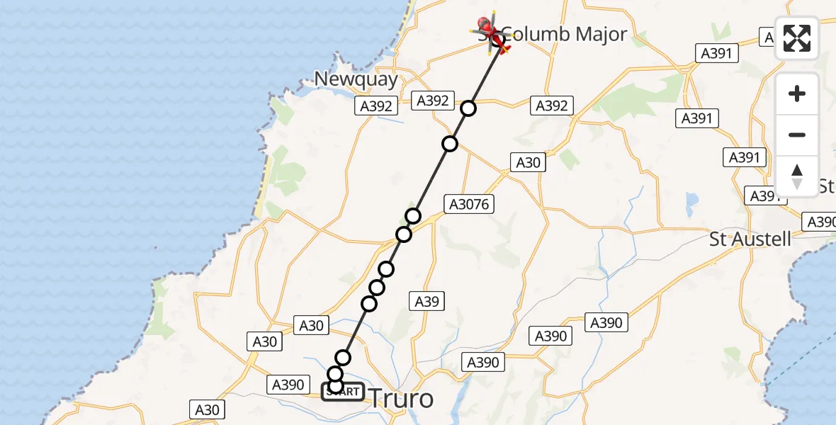 Flight route Air Ambulance Helicopter Treliske Hospital - Cornwall Airport Newquay, 09 July 2026, 08:54