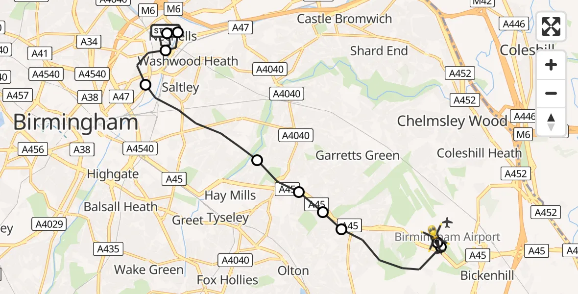 Flight route Police Helicopter Nechells - Solihull, 09 July 2026, 09:05