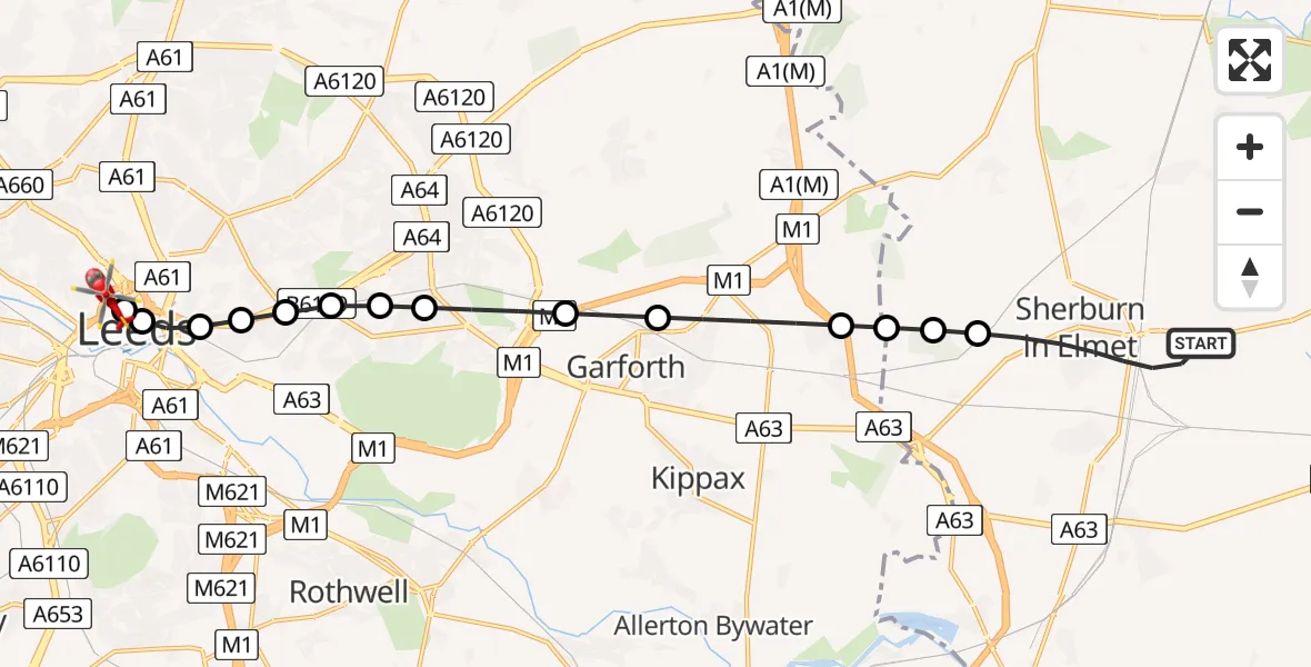 Flight route Air Ambulance Helicopter Sherburn in Elmet - Woodhouse, 09 July 2026, 09:12