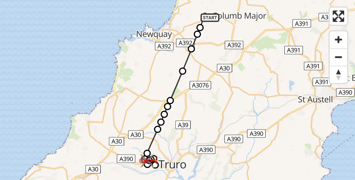 Flight route Air Ambulance Helicopter Cornwall Airport Newquay - Treliske Hospital, 09 July 2026, 09:30
