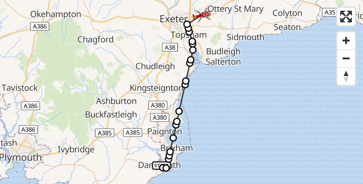 Flight route Air Ambulance Helicopter Kingswear - Exeter International Airport, 09 July 2026, 09:40