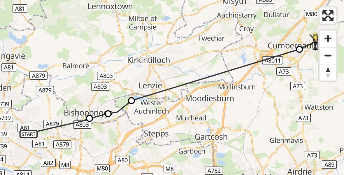 Flight route Police Helicopter Glasgow - Palacerigg Cottages, 09 July 2026, 09:41