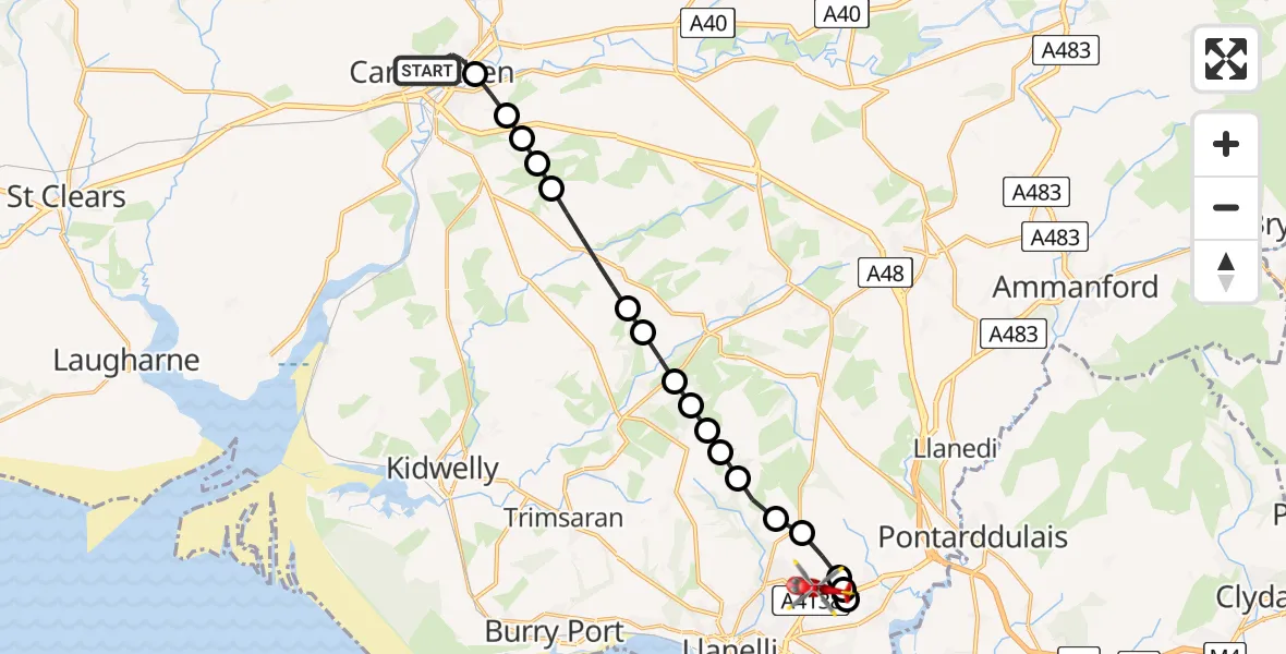 Flight route Air Ambulance Helicopter Carmarthen - Dafen, 09 July 2026, 09:45