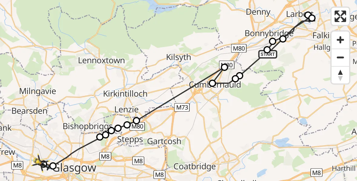 Flight route Police Helicopter Greenhil - Glasgow, 09 July 2026, 09:48