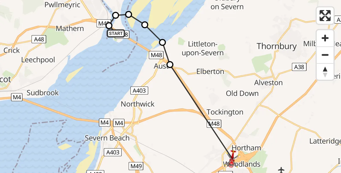 Flight route Air Ambulance Helicopter Forest of Dean - Almondsbury Helicopter Base, 09 July 2026, 09:51