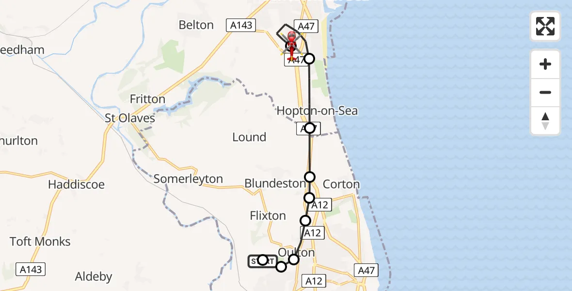 Flight route Air Ambulance Helicopter Oulton - James Paget Hospital, 09 July 2026, 09:59