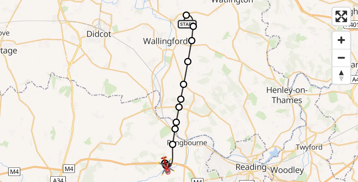 Flight route Air Ambulance Helicopter RAF Benson - Pangbourne, 09 July 2026, 10:01