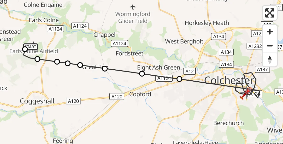 Flight route Air Ambulance Helicopter Earls Colne Airfield - Colchester, 09 July 2026, 10:02