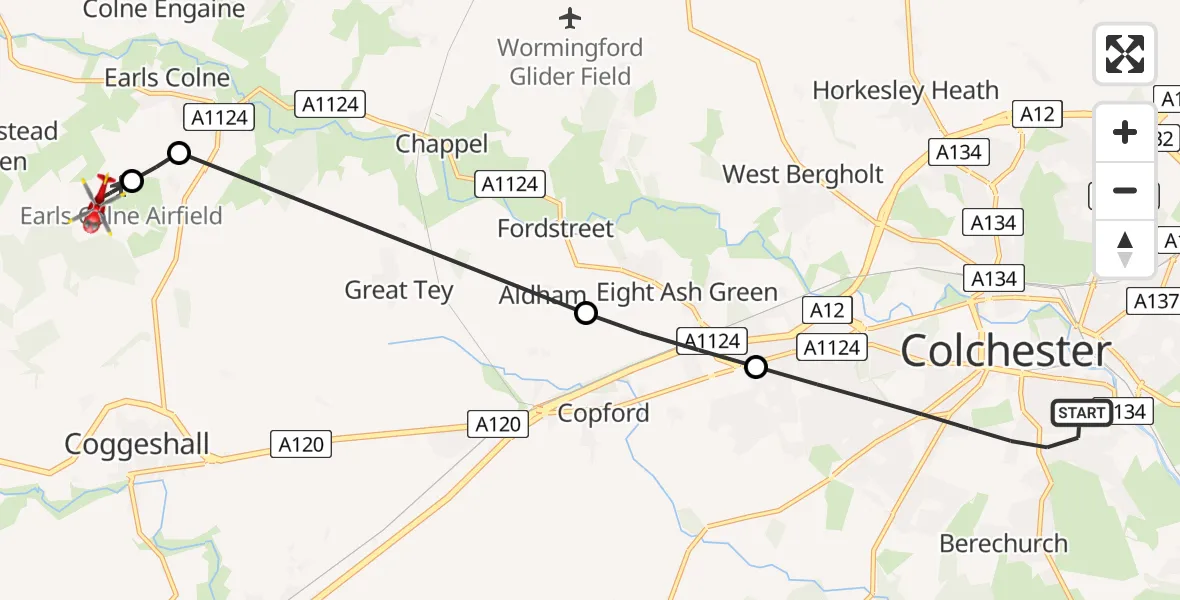 Flight route Air Ambulance Helicopter Colchester - Earls Colne Airfield, 09 July 2026, 10:21