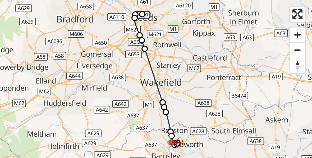Flight route Air Ambulance Helicopter Woodhouse - Barnsley, 09 July 2026, 10:21