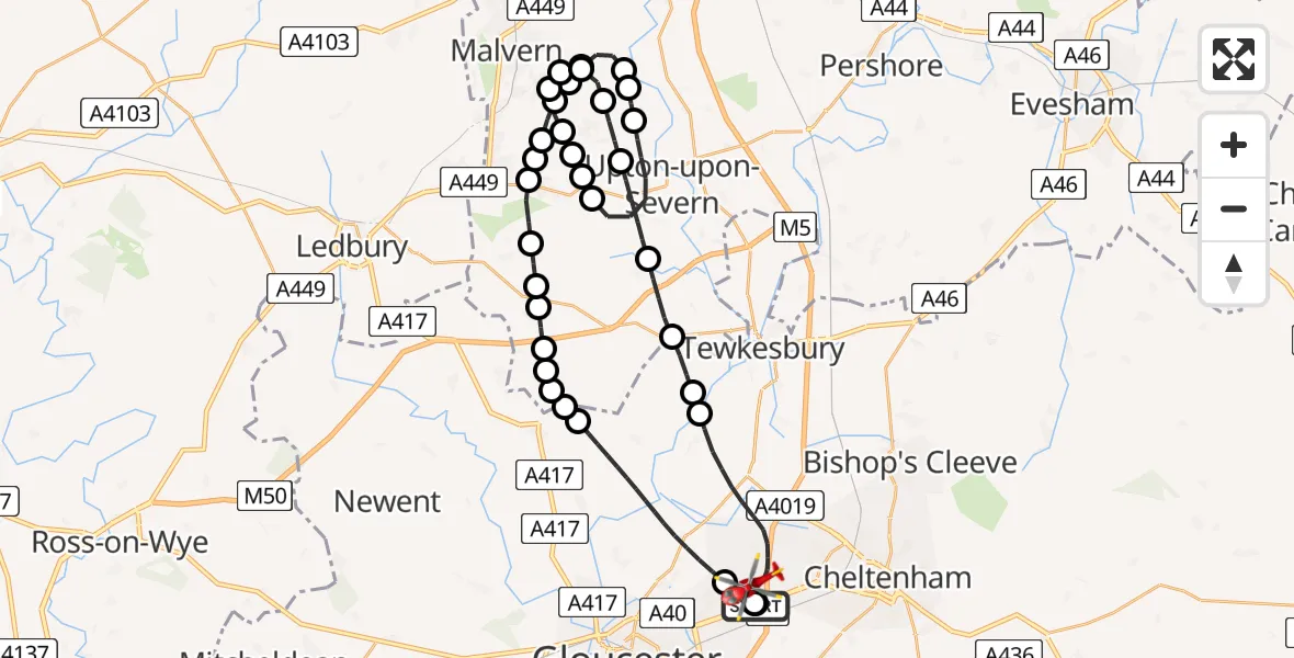 Flight route Air Ambulance Helicopter Gloucestershire Airport - Gloucestershire Airport, 09 July 2026, 10:24