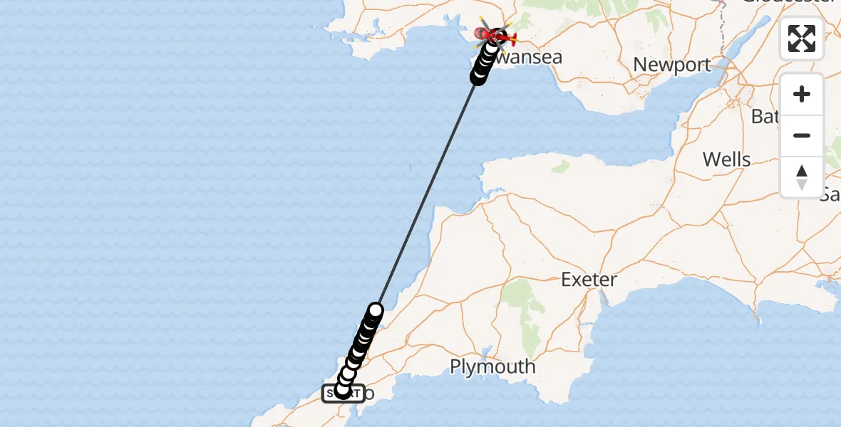 Flight route Air Ambulance Helicopter Treliske Hospital - Dafen, 09 July 2026, 10:51